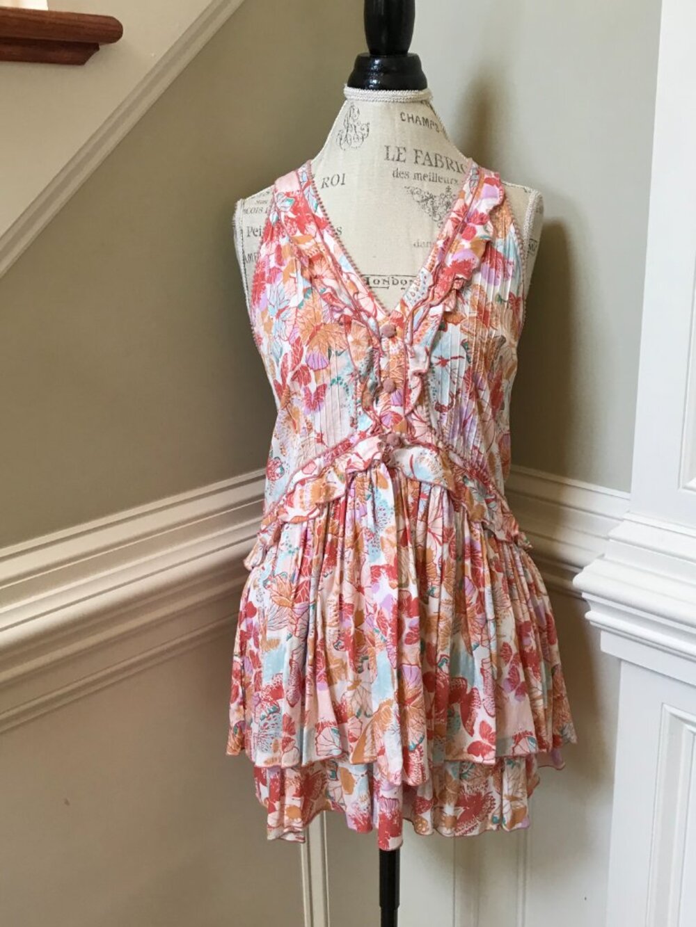 Poupette St Barth Fae Mini Dress Womens Small Orange White V-Neck Ruffle Floral - Picture 2 of 10